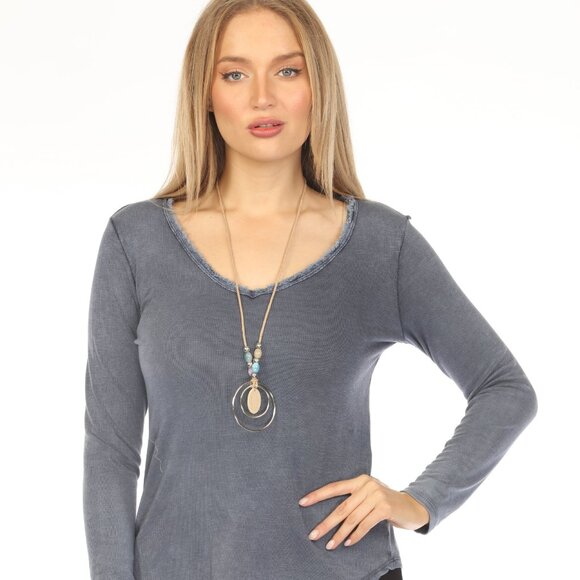 Jeans color Fringe v neck Top CT2258 - Picture 1 of 5